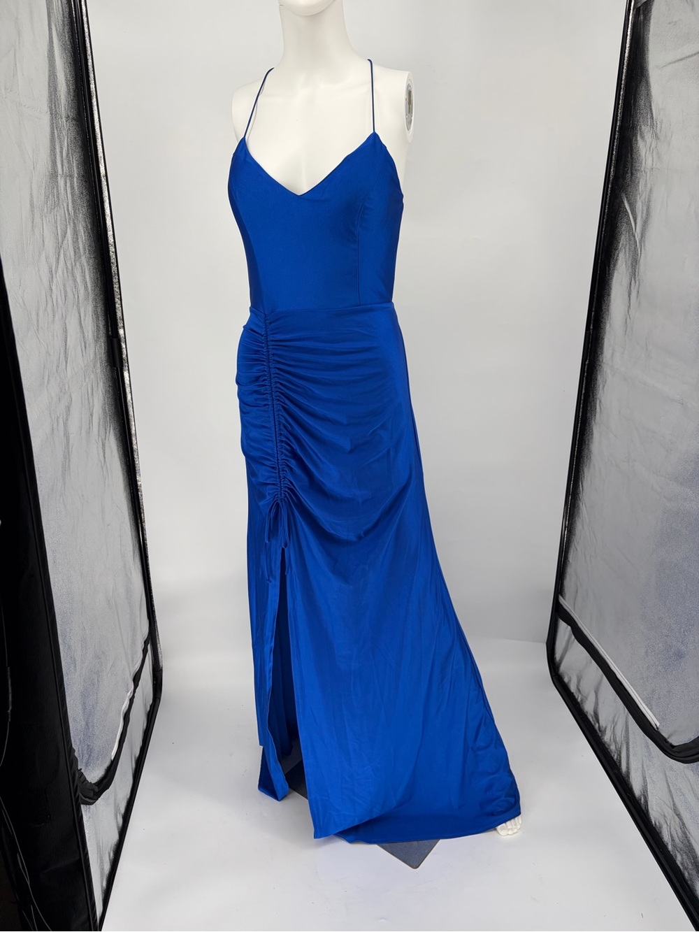 B Darlin Royal Blue Spaghetti Strap Ruched Maxi Dress